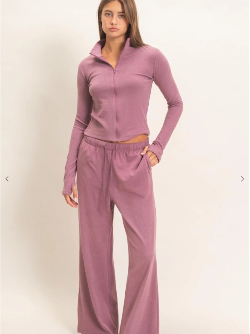 Dusty Mauve Plum Zip Up Top Wide Leg Pants Set Medium